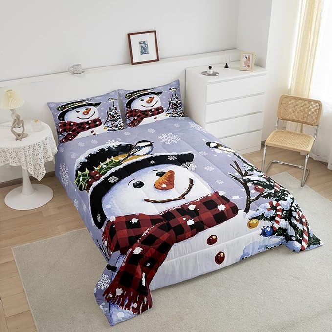 Feelyou Kids Christmas Theme Decorations Bedding Set Xmas Snowman Comforter Set for Boys Girls Merry Christmas Funny Cute Decor Bedroom Collection 3Pcs Queen Size