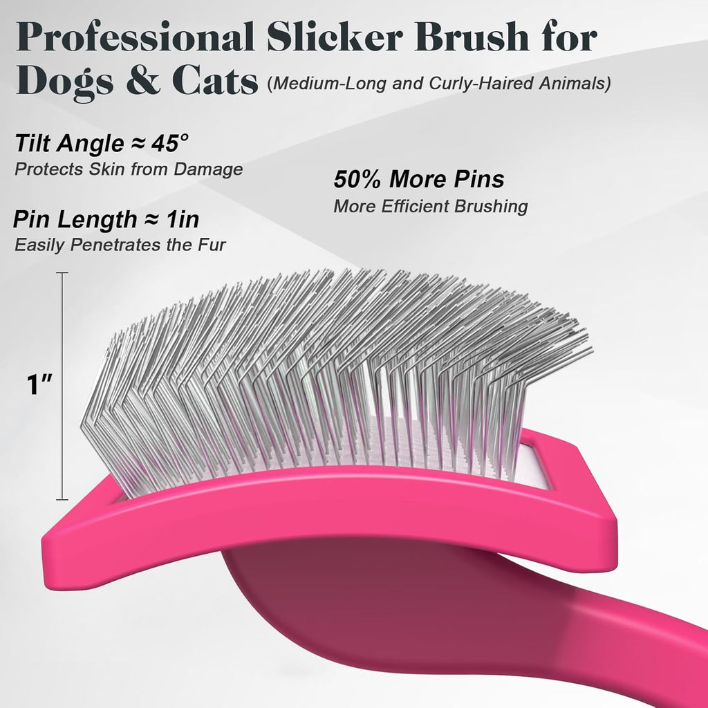2PCS Slicker Brush for Dogs & Pet Comb,Professional Dog Grooming Brush (Goldendoodles,Poodles,Labradoodles) with Extra Long Pins to Effectively Remove Tangles, Knots and Mats (Pink)