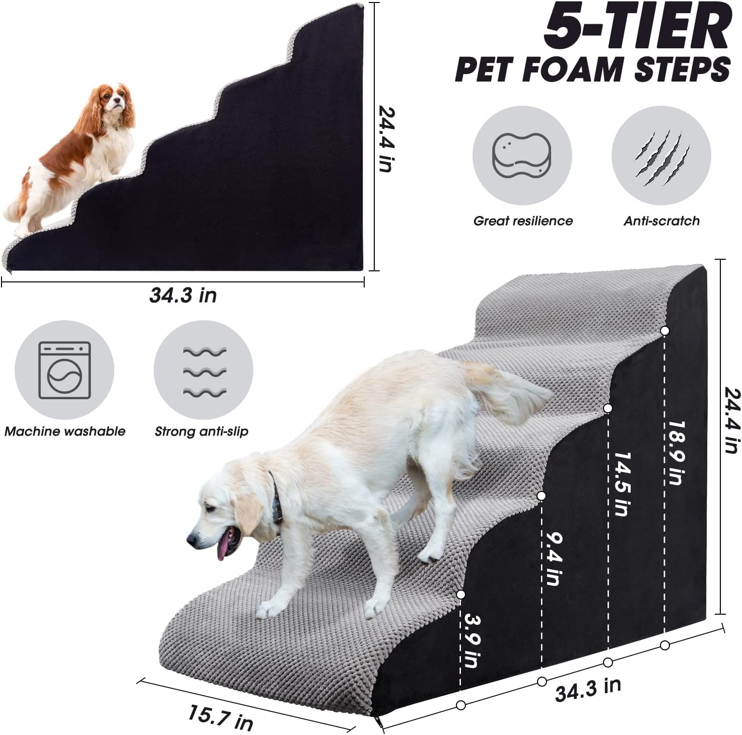 Dog Steps&Stairs for High Beds 24.4 inches High Up to 24-28 inches Bed, Tall Extra Wide Pet Stairs/Steps for High Bedsides,Non-Slip Dog Ramps for Small Older Dogs/Cats(Grey)