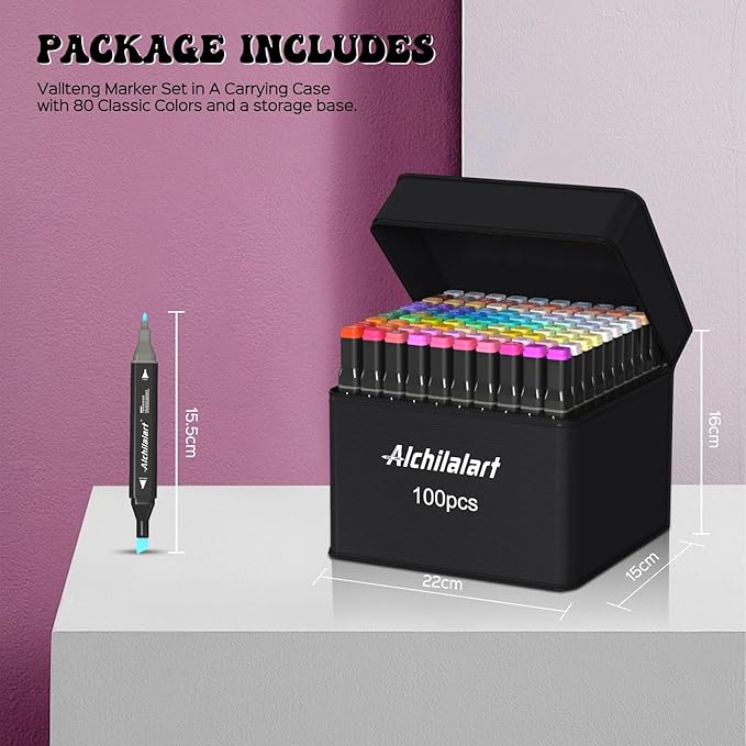alchilalart 100 color alcohol base markers, alcohol marker set with base, double head alcohol sketch drawing markers animation for adults and children