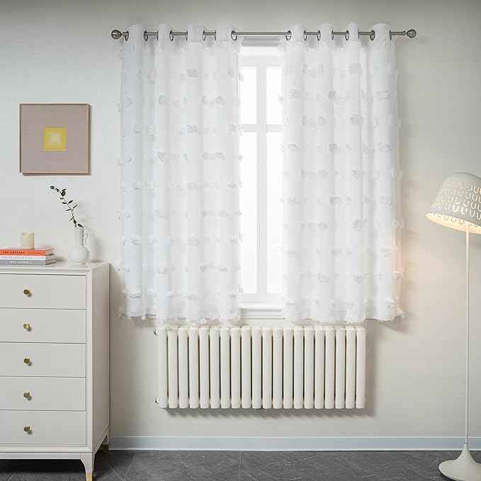 MYSKY HOME White Curtains for Bedroom 63 Inch Long Double Layer Curtains for Kids Room Kithen White Pom Pom Sheer Nursery Curtains Grommet Room Darkening Window Curtains 2 Panels Set, 52 x 63 Inch