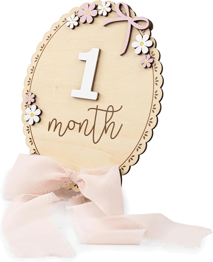 Baby Monthly Milestone Wooden Sign with Numbers and Stand – Natural Wood Milestone Board for Newborn Monthly Growth Photos – Cute 3D Flowers Photo Prop for Baby Milestone Memories (Light Pink Ribbon)