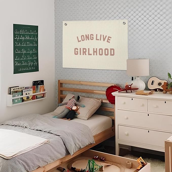 Long Live Girlhood Banner, Girls Baby Nursery Decor, Toddler Girl Room Decor, Pink Girls Room Wall Decor, 30x20 Inch Linen Wall Hanging Canvas Banner Flag
