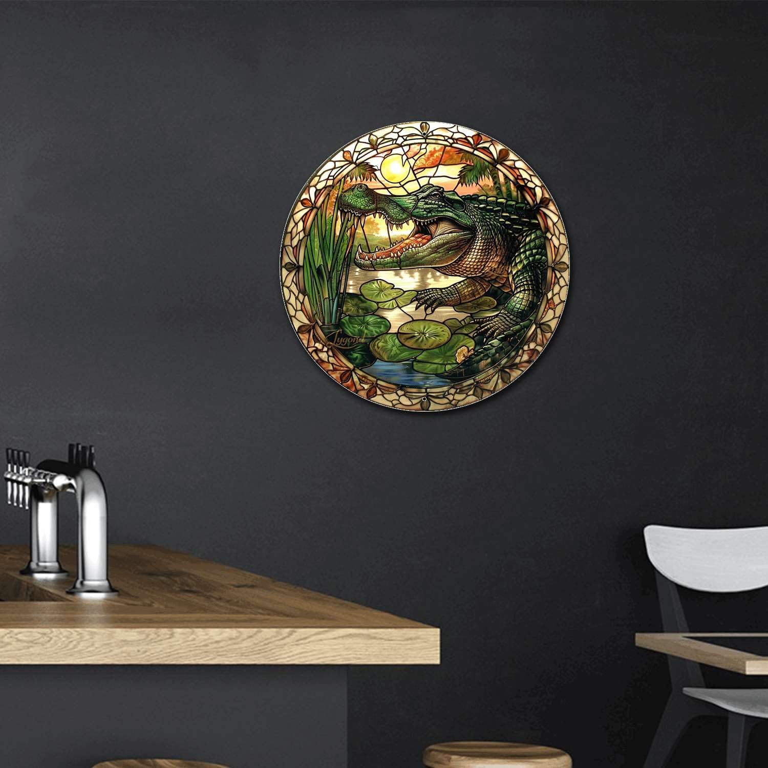 Lygond Metal Sign Tin Sign Circular Stained Glass Alligator Tin Signs for Garden for Pub 8×8 Inches