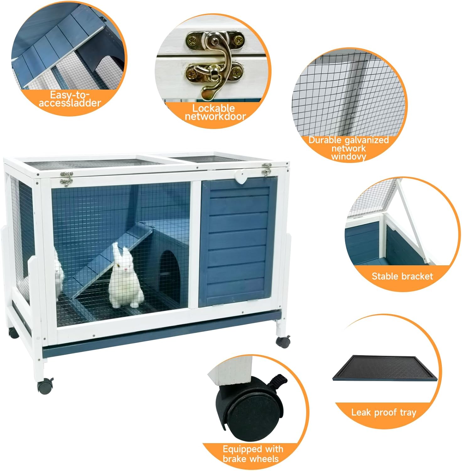 Two Floors Wooden Indoor Bunny Hutch Rabbit Cage on Wheels Guinea Pig PET House for Small to Medium Animals Waterproof No Leak Tray (M)