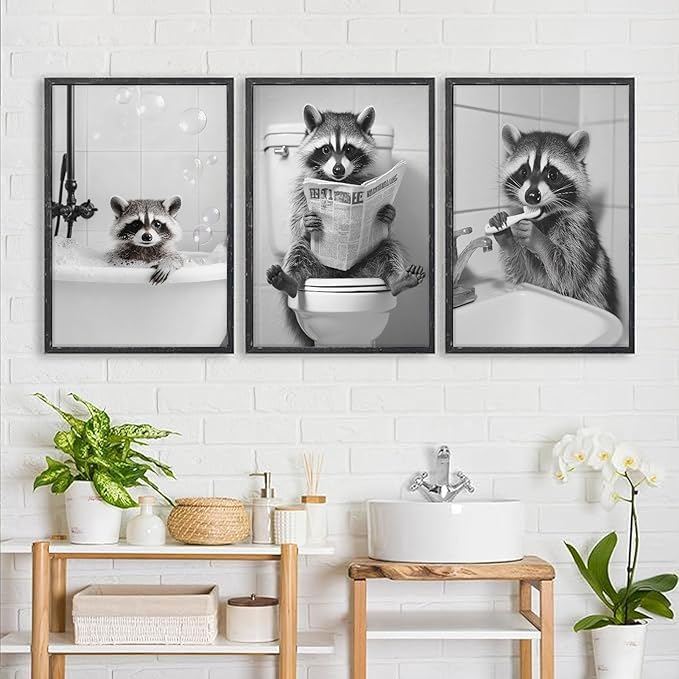 Funny Raccoon Bathroom Canvas Wall Art Black and White Cute Raccoon Sitting on Toilet Poster Print Artwork Humor Adorable Animals Pictures Wall Decor for Washroom Restroom laundry 16x24in Unframed
