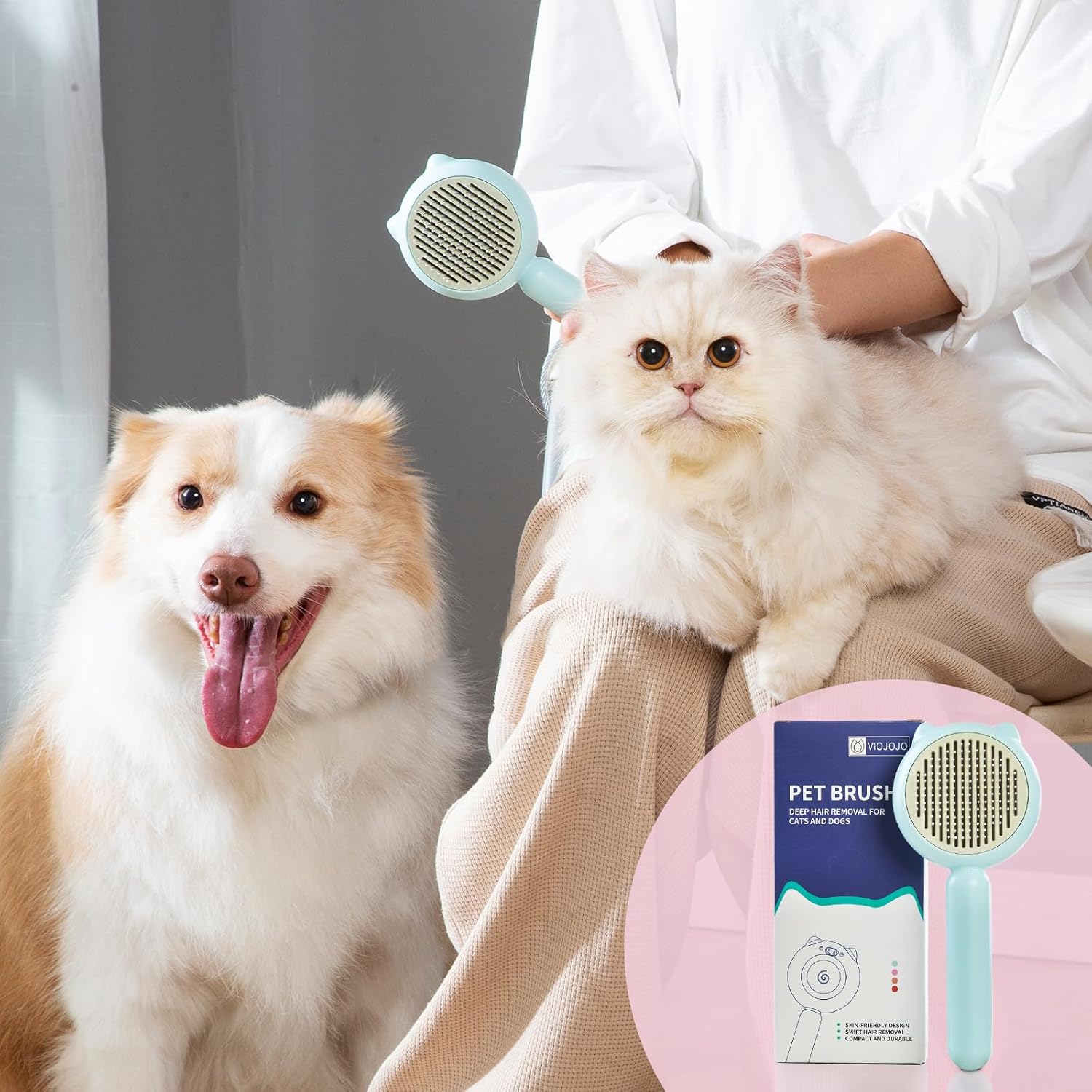 Cat Brush Dog brushes with Release Button for Shedding Grooming, suit for Long or Medium Haired Cats, Lightweight Skin Friendly Pet Brush Hair Removal Comb Brushes for Kitten