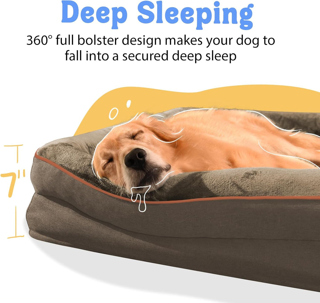 Orthopedic XL Large Dog Bed - Removable Bolster & Waterproof Washable Cover for Pet Big Dogs Bed Extra Large Dog Beds with Foam Support Non-Slip Bottom