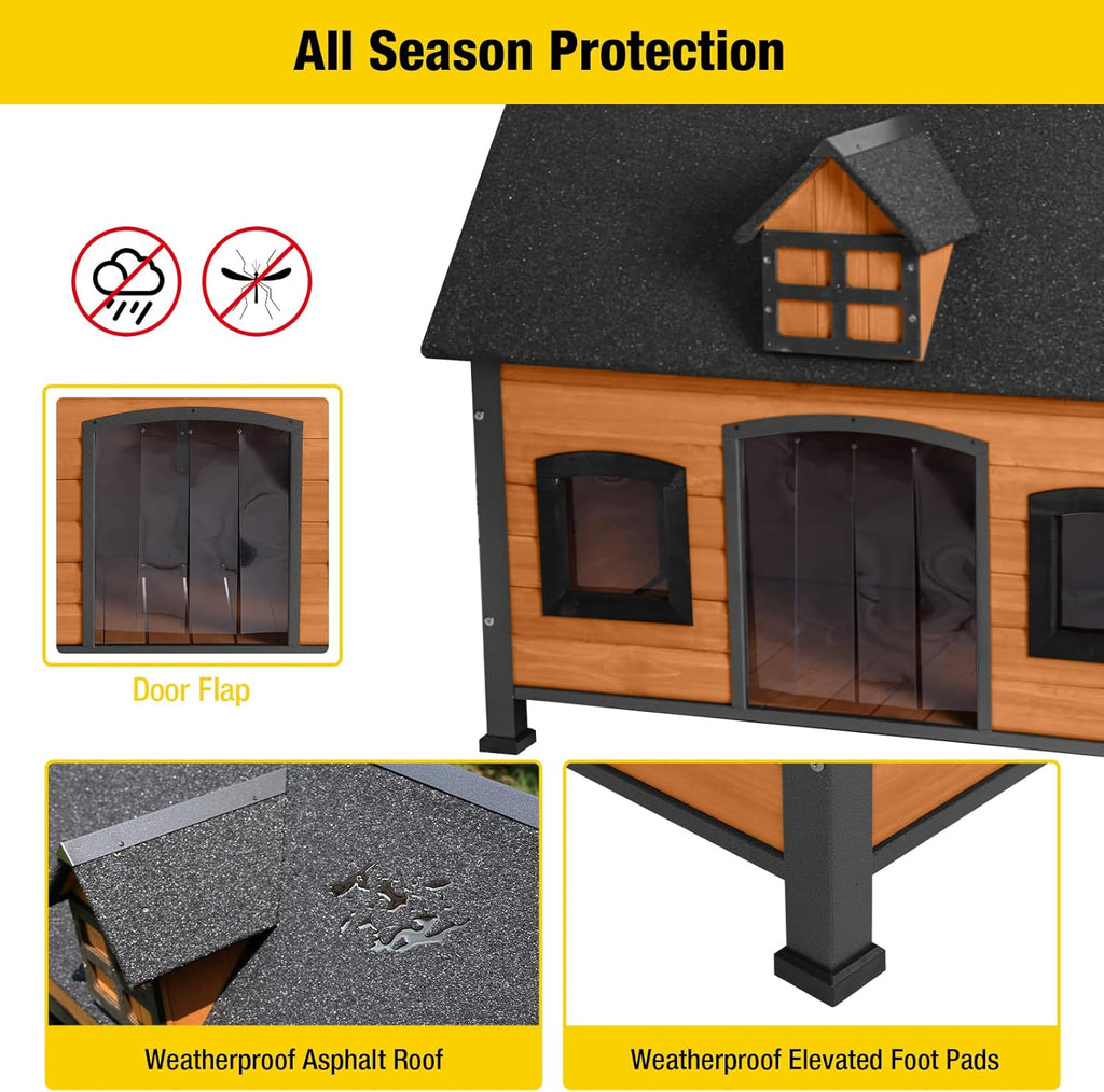 Aivituvin Large Dog House Anti-Chewing Metal Frame Design Insulated Wooden Dog Kennel with Unique Design Roof, Weatherproof Dog House for Outdoor Indoor