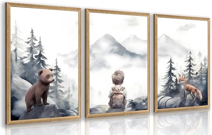 kilamino Neutral Woodland Wild Animal Wall Art, Cute Bear Fox Nursery Wall Decor, Adventure Boy Poster Prints, Vintage Forest Animal Canvas Paintings for Baby Room Playroom Wood Framed 16"x24"x3