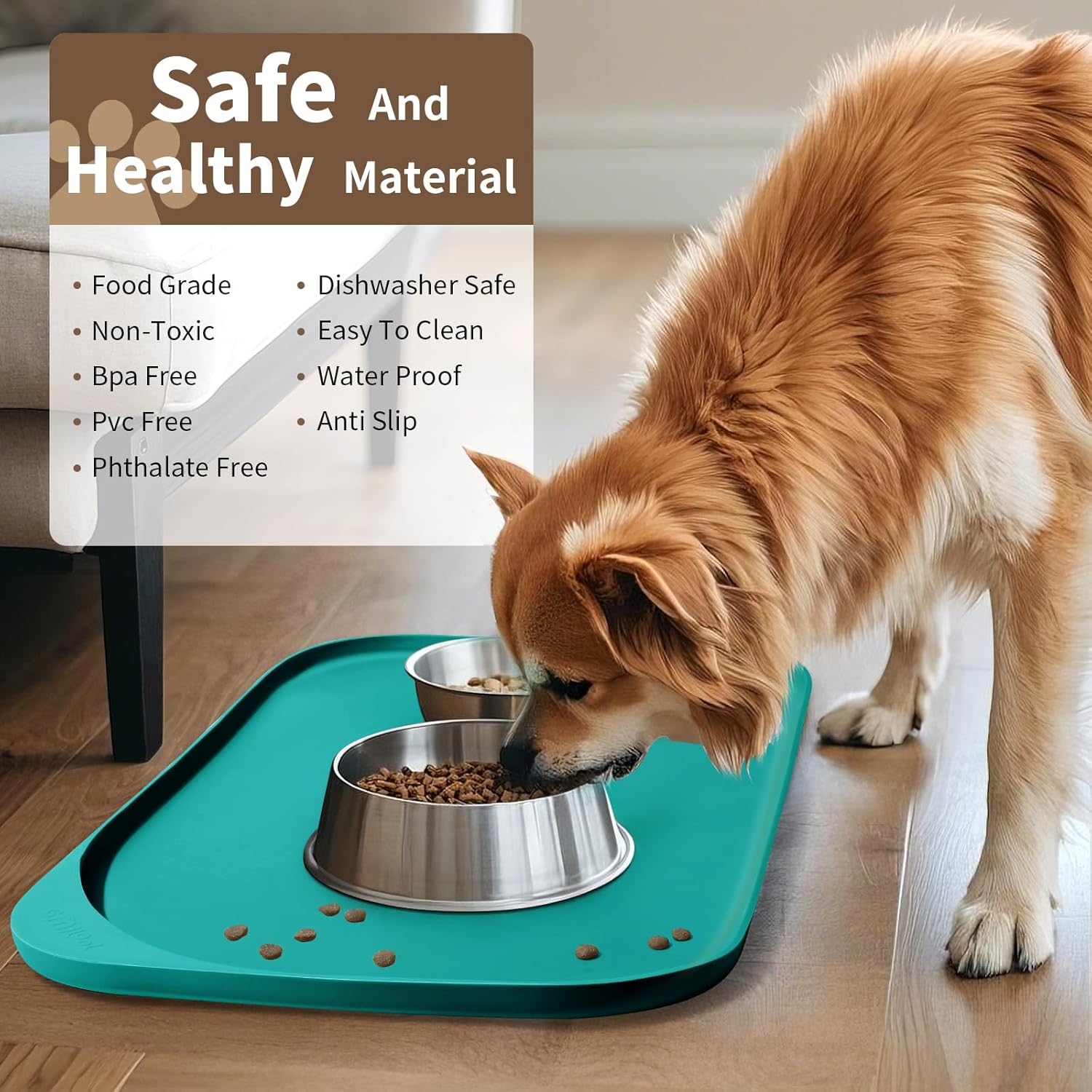 Silicone Pet Feeding Mat with Raised Edge & Residue Collection Pocket for Food and Water, Dog Bowl Mats, Cat Bowls Placemat with High Lip for Floor Waterproof, 24 x 16 x 0.8 Dark Turquoise