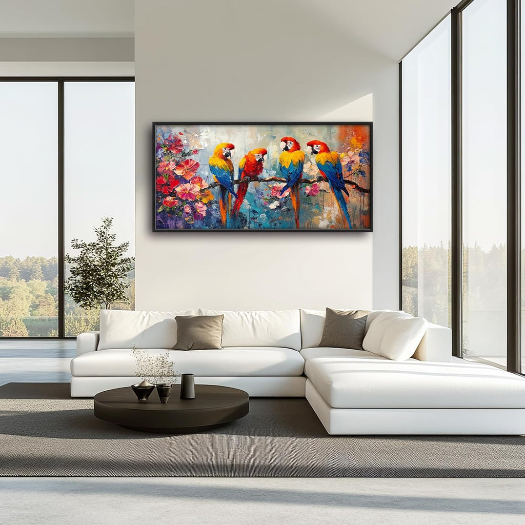 Extra Large Framed Parrot Bird Wall Art,Oversized Abstract Colorful Parrots Flower Wall Decor Pictures for Living Room,Canvas Print Painting Modern Artwork Bedroom Office Bathroom Home Decor 60L x30W