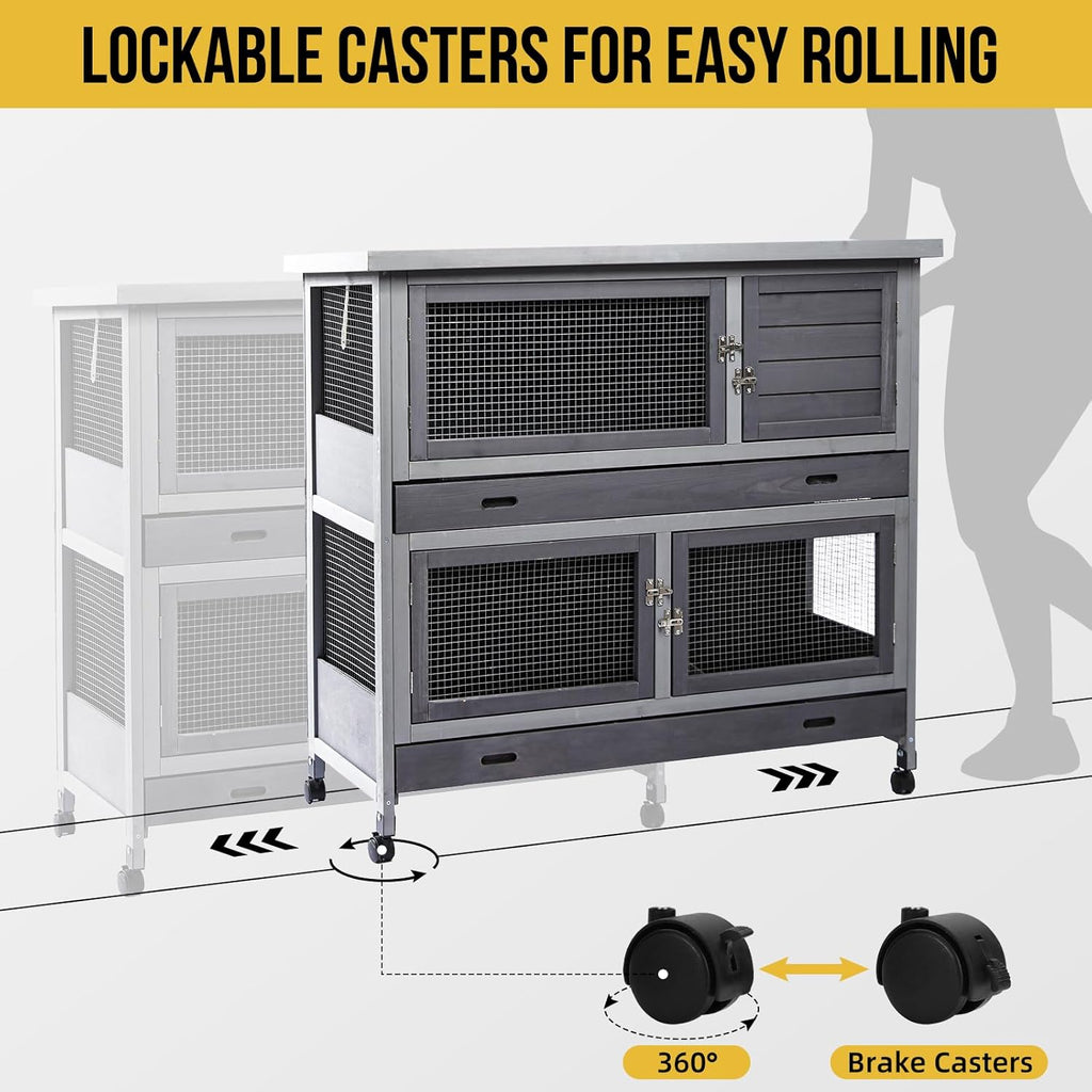 Rabbit Hutch Bunny Cage Indoor Outdoor with Wheel Deeper Tray Chew Proof Guinea Pig Cages 2 Decks Large Rabbit House with 4 Wooden Doors Weatherproof 41.3" L*17.3" W*41.3" H