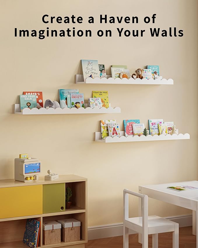 Nursery Book Shelves, Set of 3, Nursery Decor for Baby and Toddler, Scalloped Shelves, Book Shelf for Kids Rooms, Wall Book Shelf for Bedroom Kids, Floating Shelf for Wall