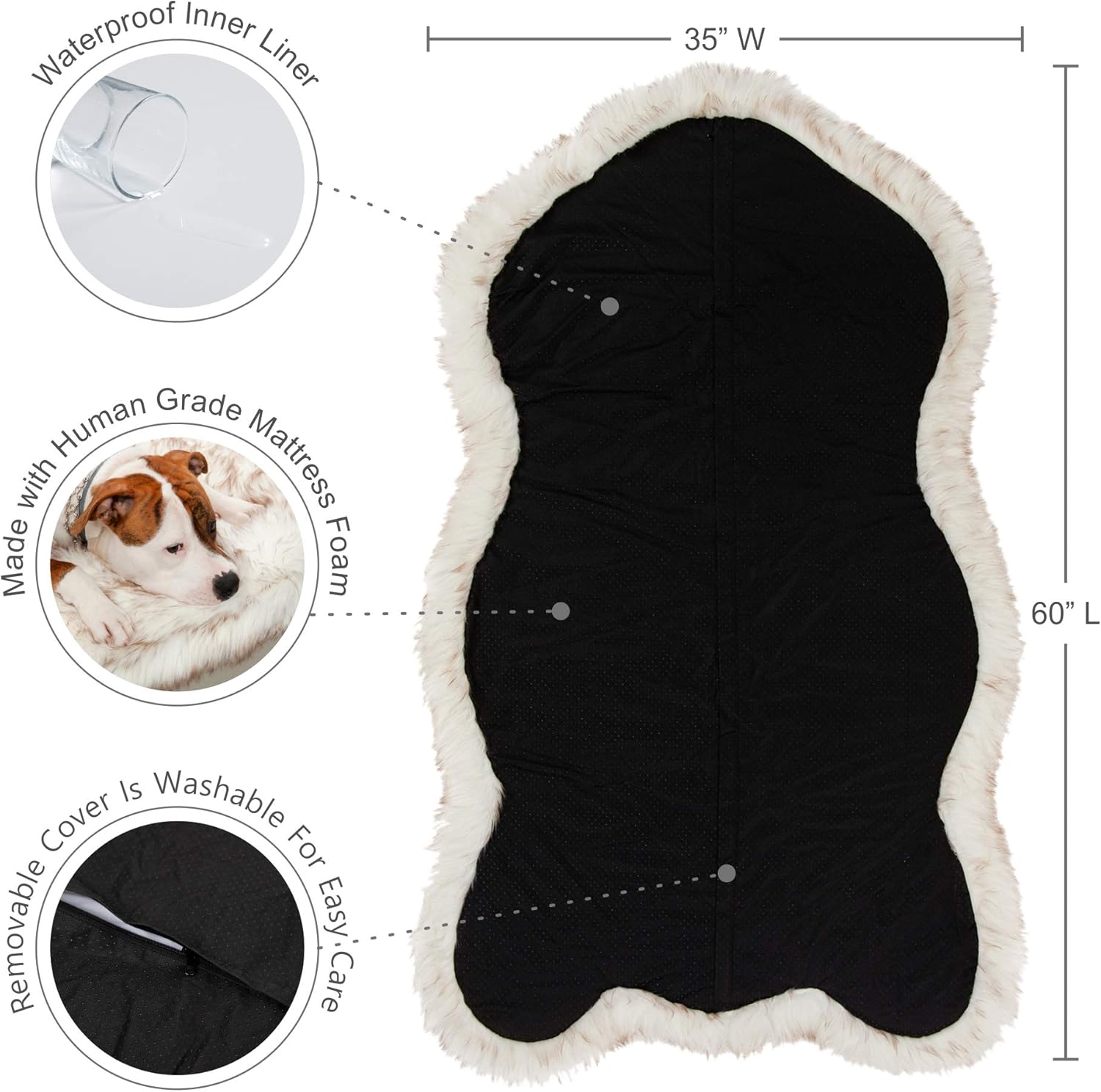 IHAPPYDOG Luxury Faux Fur Orthopedic Dog Bed, Memory Foam Dog Bed for Small, Medium, Large and XL Pets, Fluffy Pet Bed with Waterproof and Washable Cover (White w/Brown Tips, 60"x35")