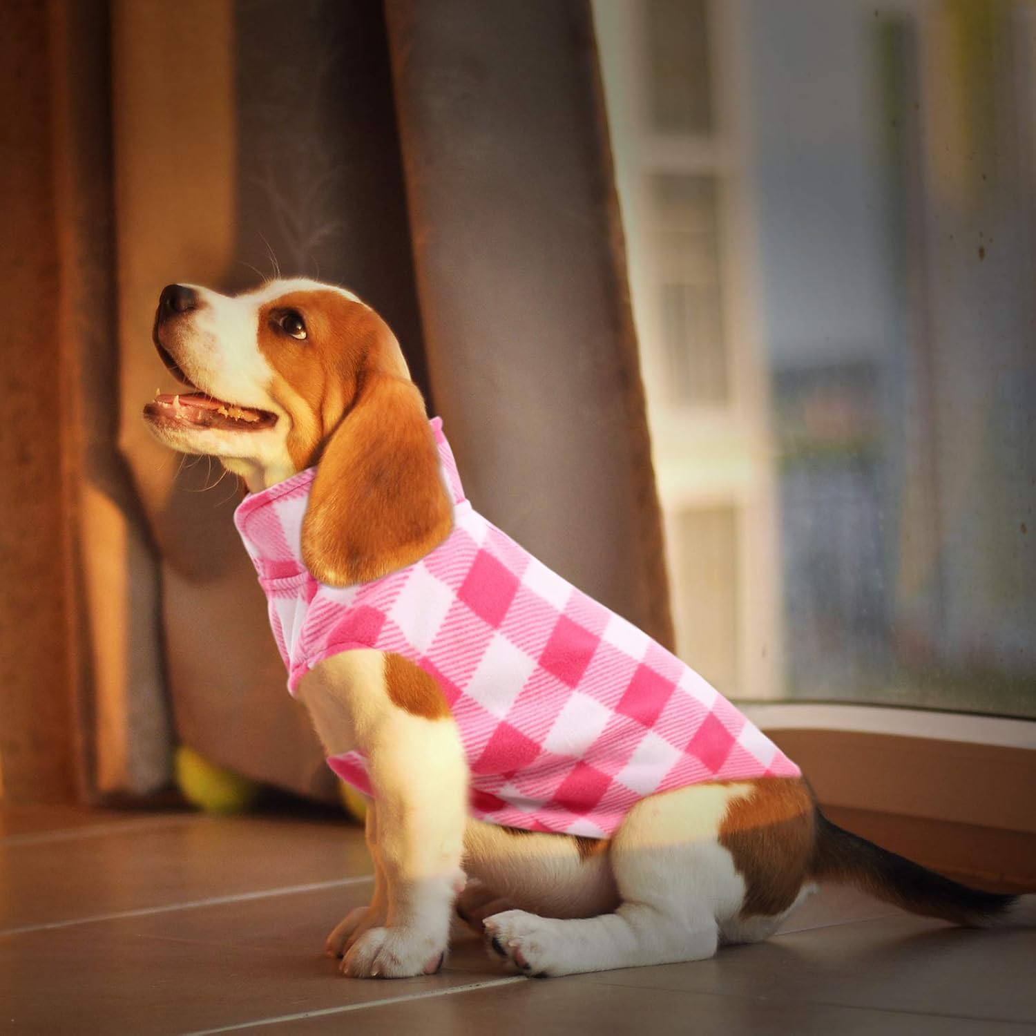 ASENKU Dog Sweater, Plaid Dogs Fleece Vest, Soft Comfortable Pet Pajamas, Warm Winter Puppy Shirt, Cold Weather Coat Jacket Pet Clothes for Small & Medium Dog Breeds, Pink, L