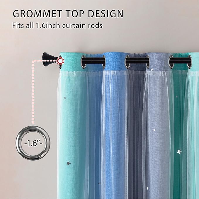 XiDi Blue Green Grey Curtains 63 Inches Long for Girls Bedroom Kids Nursery Boys Room Unicorn Princess Theme Home Decor Room Darkening Window Grommet Drapes Blue Green Grey, W52 X L63 2 Panels