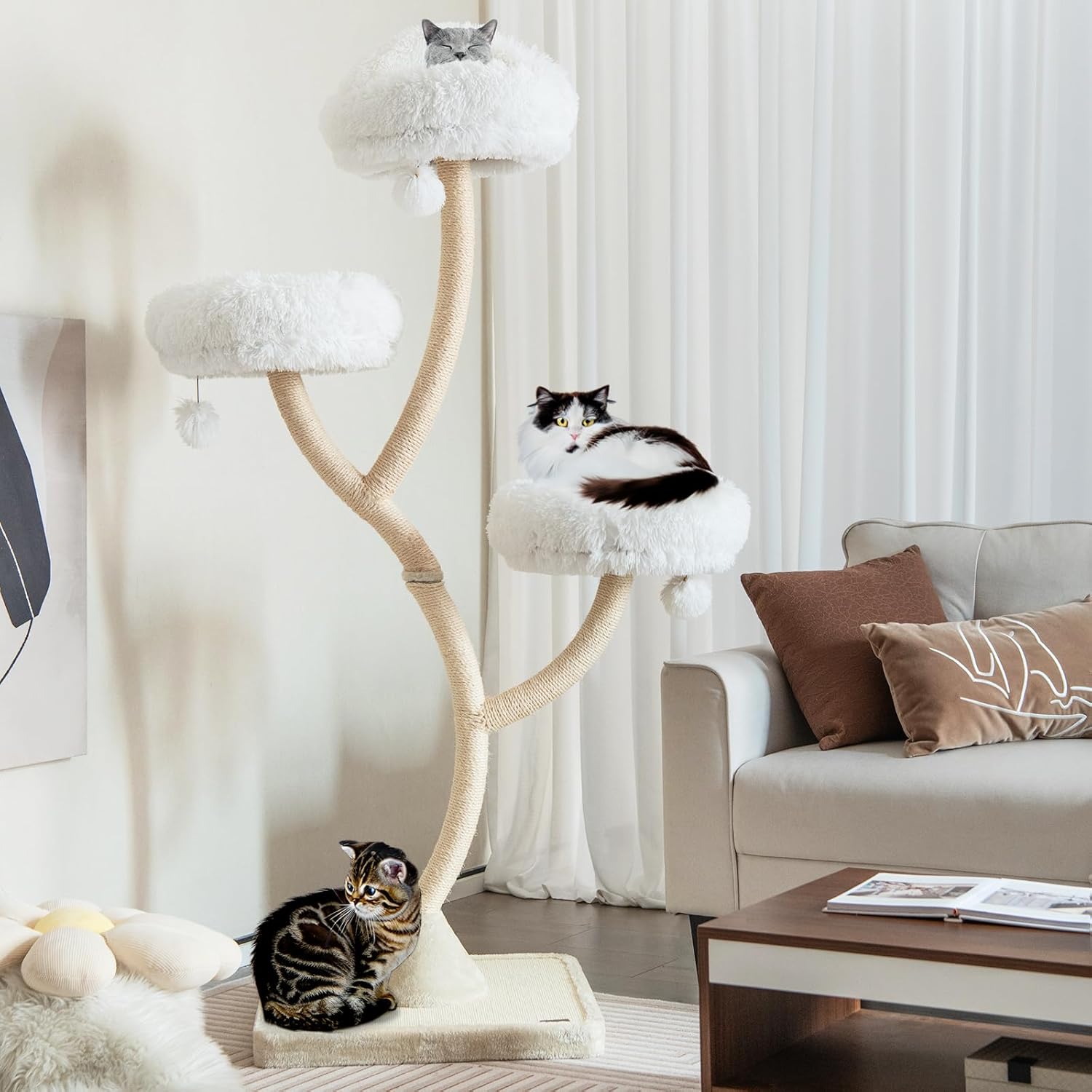 PETSITE 70" Tall Cat Tree, Cat Tower with Scratching Posts and Board, Multi-Level Cat Tower for Large Cats 20 lbs+ with 3 Cozy Perches and Dangling Balls, Modern Cat Tree for Indoor Cats Large Adult