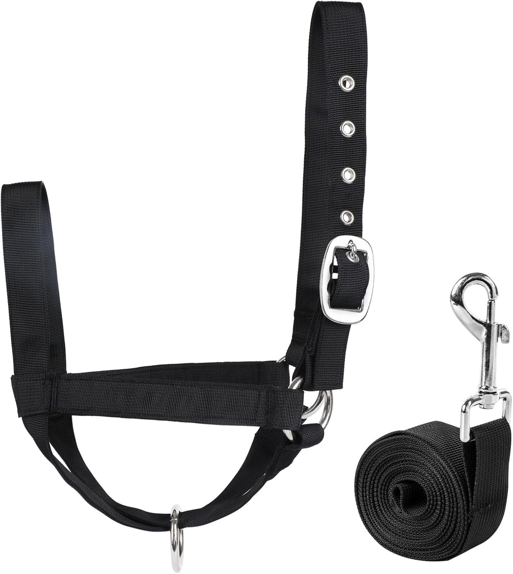 XUANNIAO Easily Adjustable Figure 8 Cow Halter, Double-Ply Premium Livestock Cattle Halters, Colorful Cow Utility Calf Halter with Leading Rope for Miniature Horse Donkey Goat Foal (Small, Black)