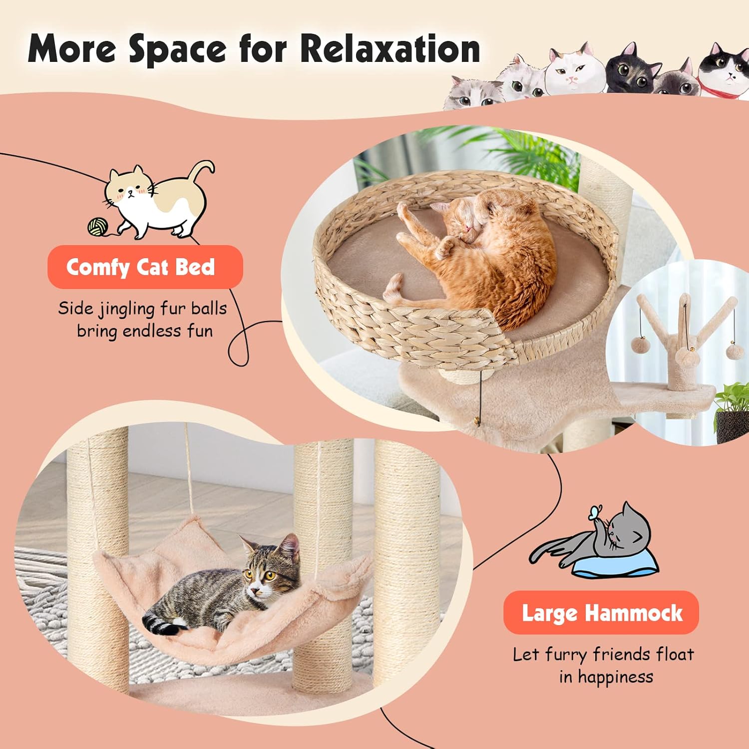 PETSITE Woven Cat Tree, Modern Cat Tower with Hammock & Scratching Posts, Cattail Condo & Top Perch, Cat Activity Tree for Indoor Cats