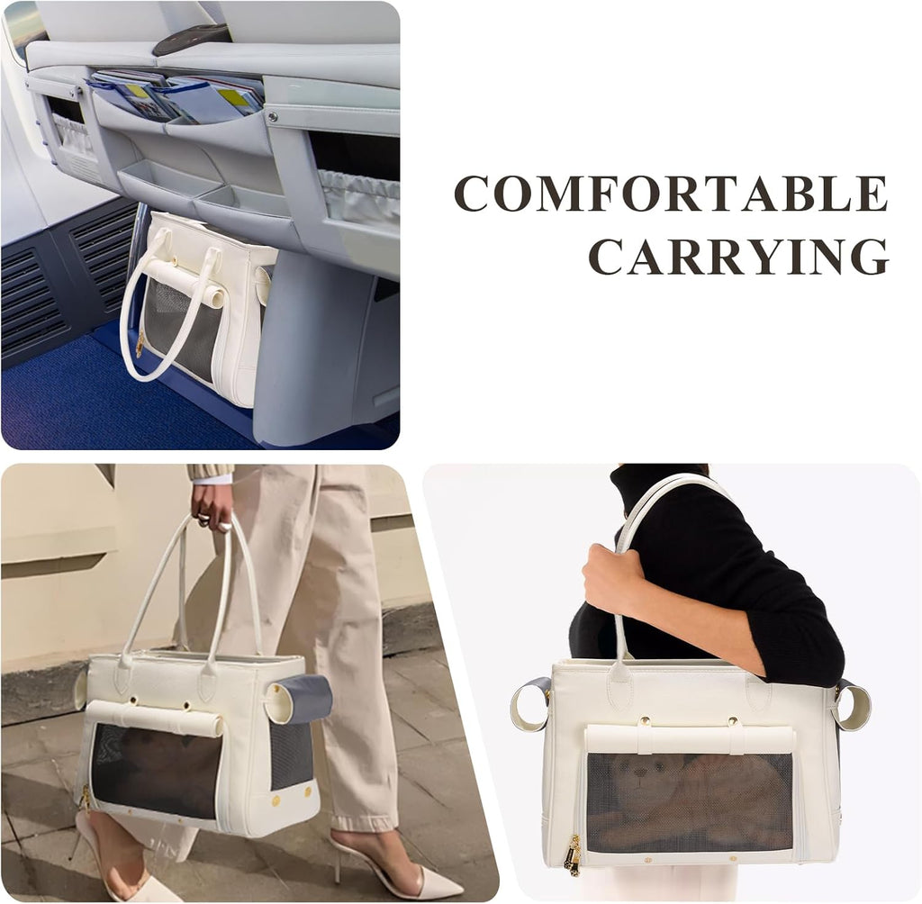 Fashion Pet Carrier Purse for Small Cat and Dog, Luxury Pu Soft-Sided Tote Bag with Large Pockets for Dogs and Puppies (White, 15.8" L x 7.5" W x 11.8" H)