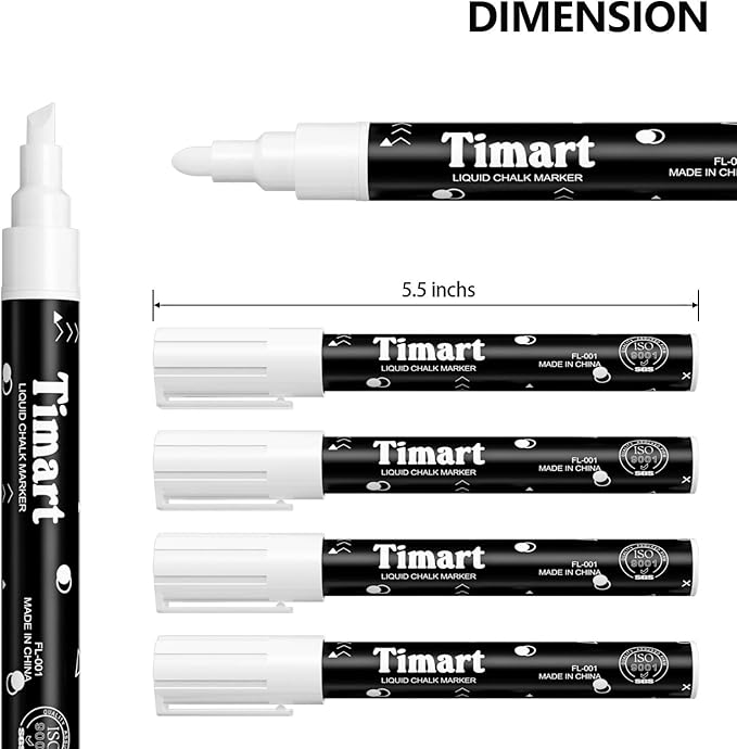 Timart 8 Pack White Chalk Markers, 6mm Liquid Chalk Markers for Chalkboards Signs, Blackboards, Windows, Glass- Reversible Tip, 24 Chalkboard Labels Included