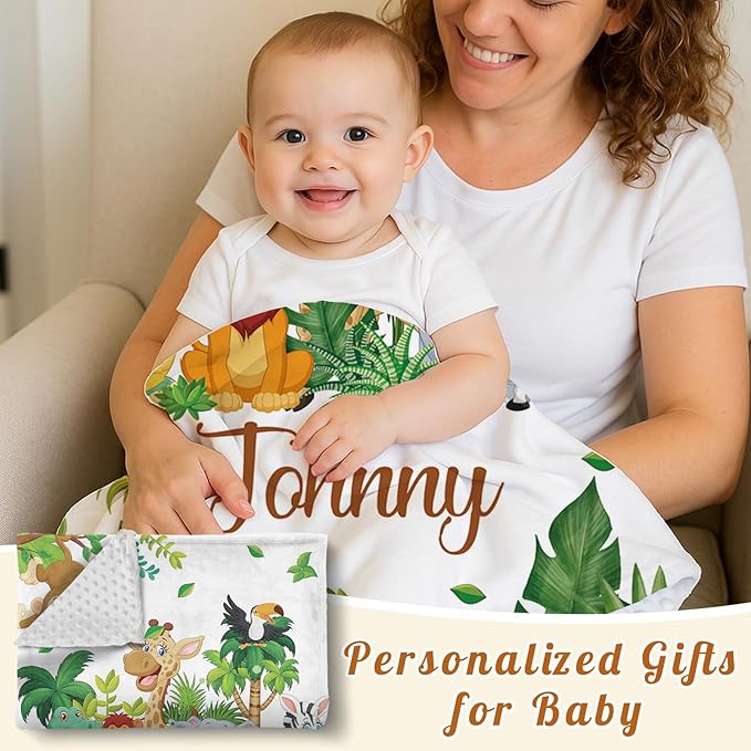 Personalized Baby Blanket with Name, Customized Blanket for Newborn Boys Girls, Woodland Animals Flannel Baby Name Blanket with Dotted Backing, Receiving Swaddle, Gifts for New Parents(47"x60)