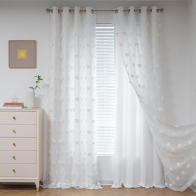 MYSKY HOME Curtains for Living Room and Bedroom - White Pom Pom Sheer Window Panels, 95 Inch Length, Room Darkening, Double Layer, Grommet, Extra Long