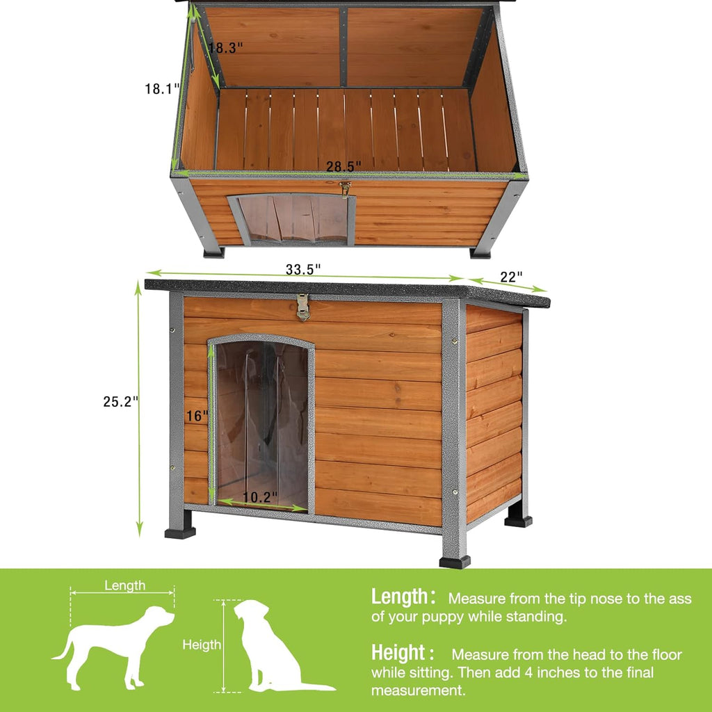 GUTINNEEN Chew Proof Dog House with Metal Iron Frame Outdoor Dog Kennel for Small Medium Large Indoor Dog Cage (33.5" L,Brown Color)