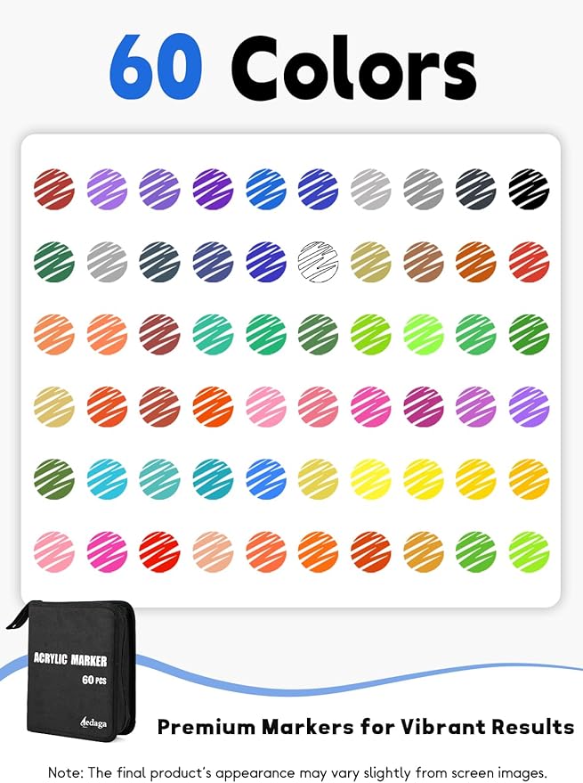 60 Colors Acrylic Paint Markers, Dual Tip Acrylic Paint Pens with Brush Tip and Fine Tip for for Adults, Kids, Eggs, Wood, Rock, Canvas, Plastic, Stone, Glass, Ceramic