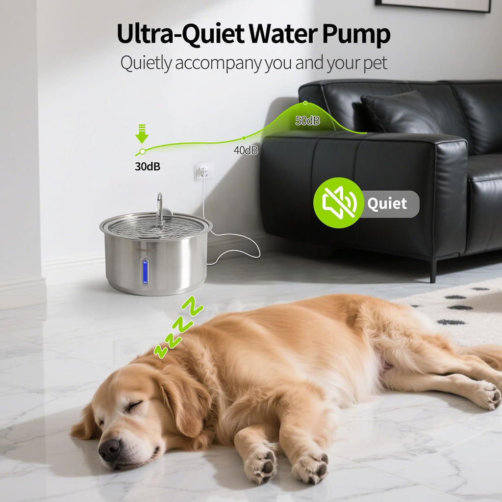 Large Dog Water Fountain, Petsamuse 11L/2.8Gal Automatic Circulating Stainless Steel Water Bowl Dispenser with 15 Replacement Filters, 2 Ultra Quiet Pumps, 2 Spray Modes and a Brush for Multi-Pet