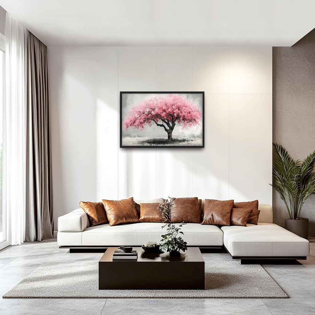Extra Large Framed Pink Tree Wall Art,Abstract Tree of Life Wall Decor,Pink and Grey Pictures for Living Room,Canvas Print Painting Modern Artwork Bedroom Office Bathroom Home Decor 36L x24W