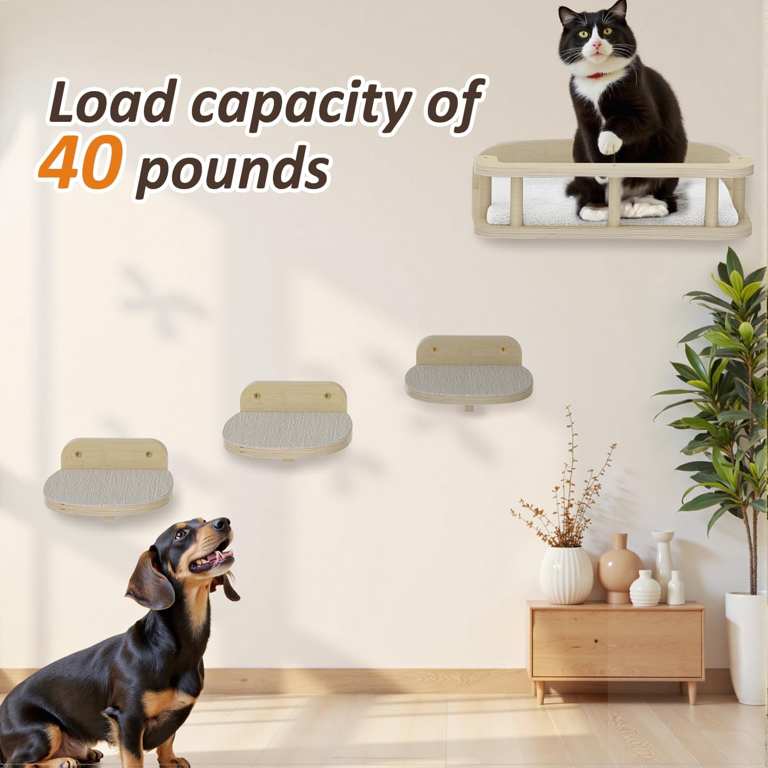 MeowHomm Cat Wall Shelves, Wood Cat Shelf with 3 Steps, Non-Slip Wall-Mounted Furniture for Kittens