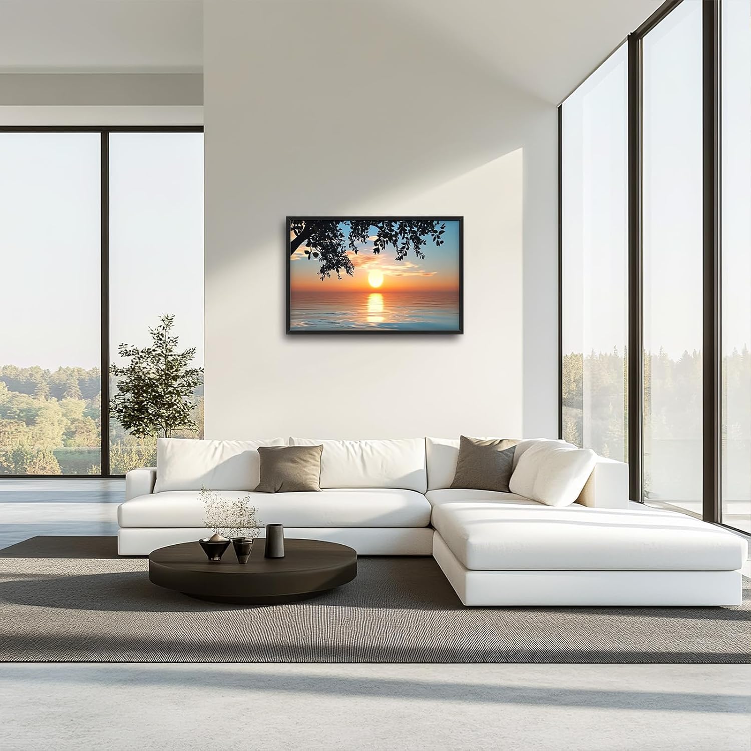 Framed Large Lake Sunset Wall Art, Oversized Natural Landscape Wall Decor for Living Room, Tree Leaves Canvas Painting Pictures Home Decoration for Living Room Bedroom Office 36"x24"