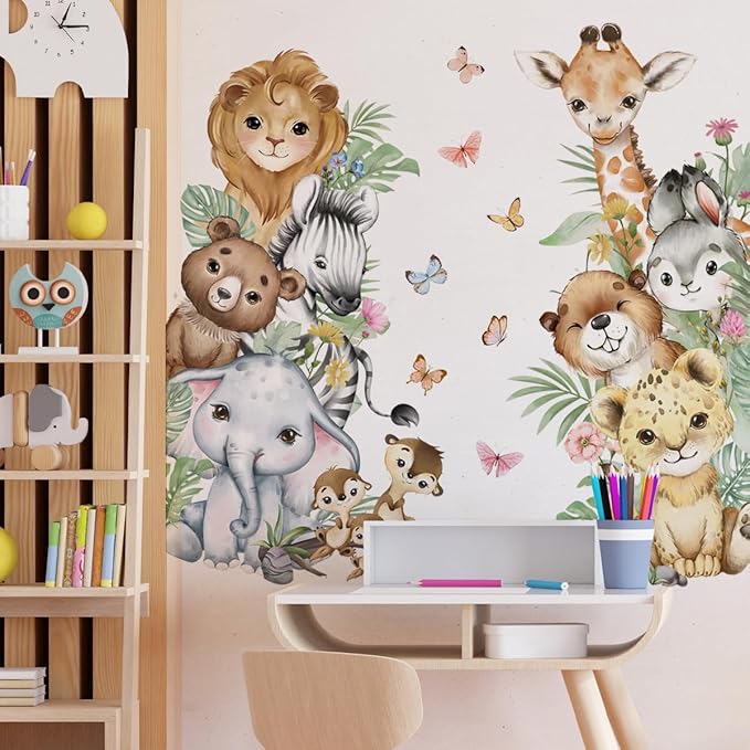 Watercolor Jungle Animal Wall Decals - Tiger, Elephant, Giraffe, Zebra, Lion - Removable Stickers for Baby's Nursery, Playroom, Bedroom, Classroom, Kindergarten Decor