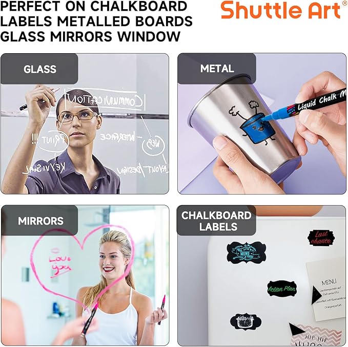Shuttle Art Chalk Markers, 30 Vibrant Colors Liquid Chalk Markers Pens for Chalkboards, Windows, Glass, Cars, Erasable, 3mm Reversible Fine Tip with Chalkboard Labels for Office Home Supplies