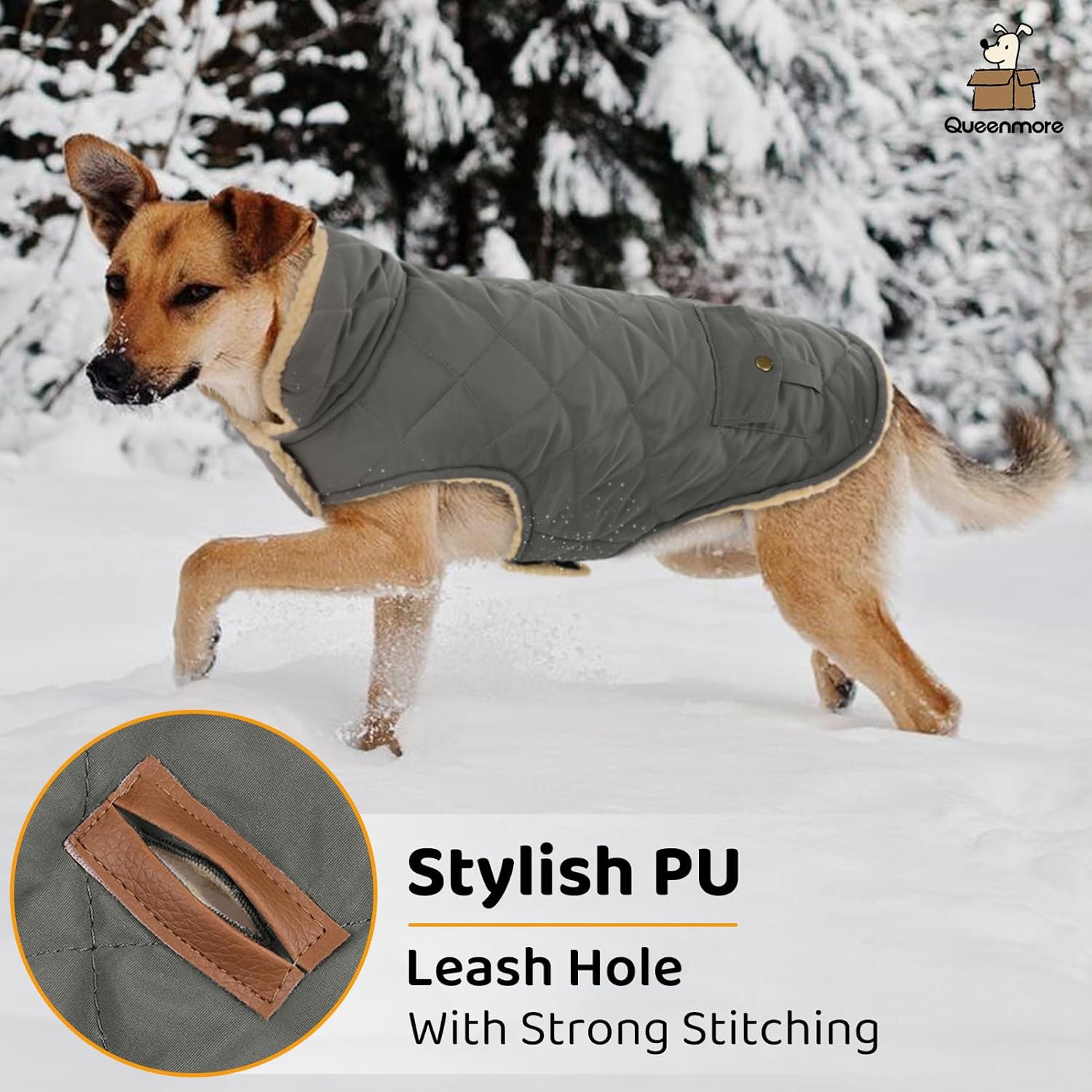 Queenmore Dog Winter Coat - Fleece Jacket, Waterproof Cold Weather Clothes, Thick Warm Cotton Padding, Easy On Storage Pockets (Grey, Large)