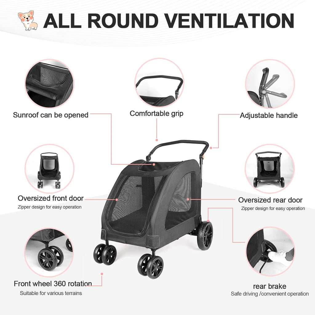 Large Dog Travel Stroller with 4 Heavy Duty Wheels Pet Stroller with Adjustable Handle - Double Doggie Capacity Jogger Wagon with Back Front Door for Small Medium Large Dogs (Black 1)