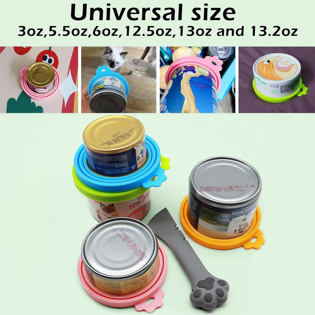 Food Can Spoon & Lids, One Multi-Functional Opener Spatula, 4 PCS BPA Free Silicone Universal Can Covers, Cute Paw Shape Spoon for Cat Dog Wet Food (Grey)