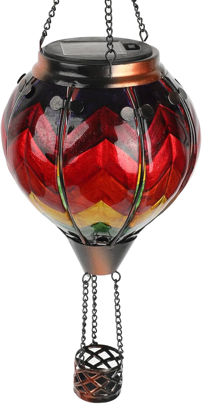 TYIGARDEN Glass Solar Hot Air Balloon Lantern with Flame Effect - Hanging Outdoor Flickering Light for Garden, Patio, Yard - Waterproof & Weatherproof, Wavy-Red