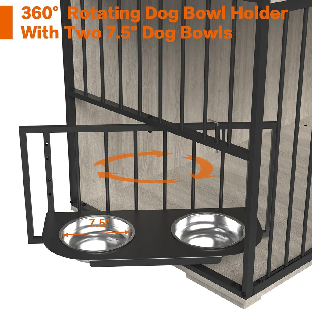 86.6inch Dog Crate Furniture with Storage,Furniture Style TV Stand Dog Kennel for 2 Dogs,with 6 Drawers,Removable Divider&Adjustable Bowls,Heavy Duty Metal Chew-Resistant Dog Crate Furniture