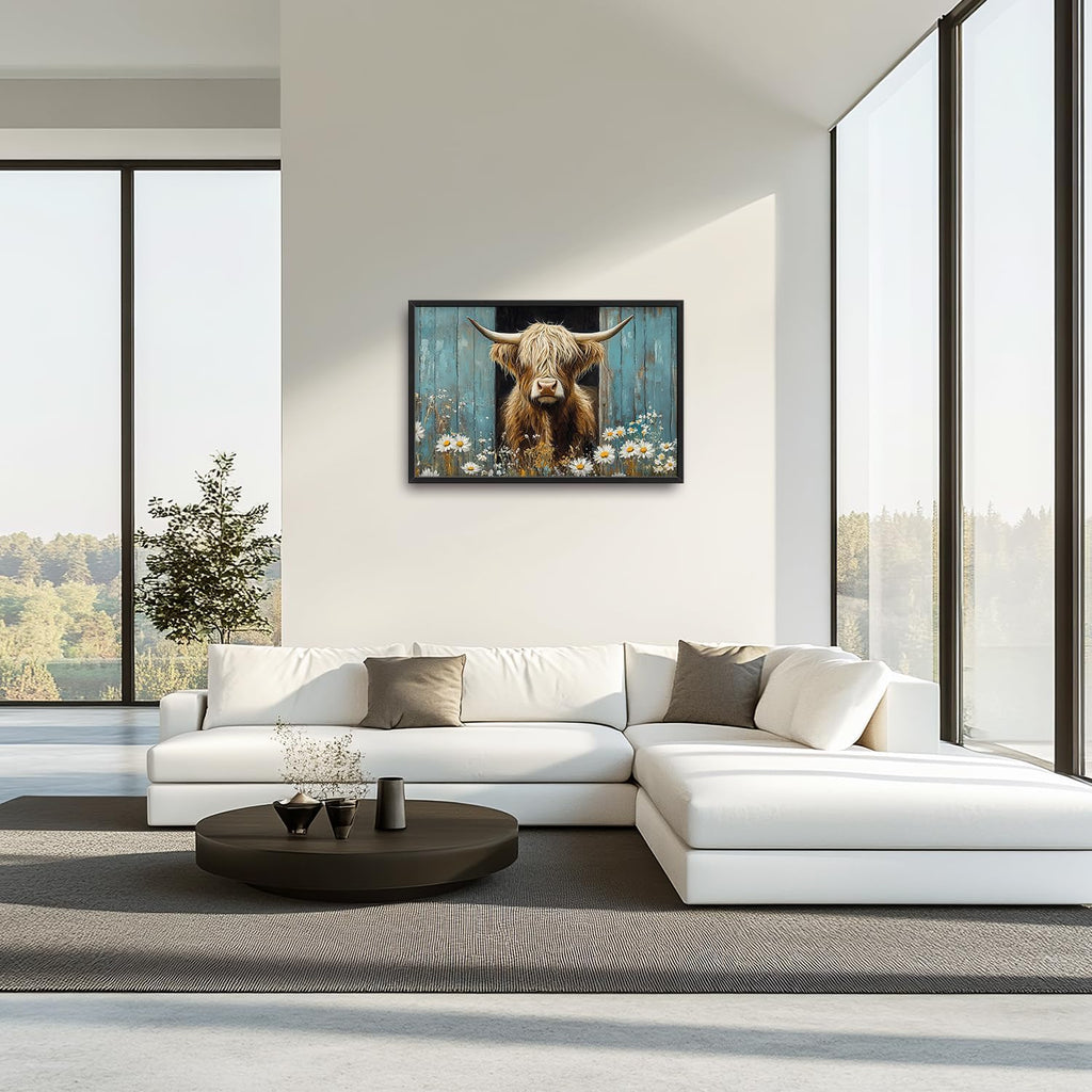 Large Farmhouse Highland Cow Country Wall Art for Living Room, Floral Canvas Oversized Wall Decor, Daisy Flower Animal Framed Pictures Painting Print Artwork for Bedroom Office 36"L x 24"W