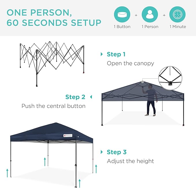Best Choice Products 12x12ft 1-Person Setup Pop Up Canopy Tent Instant Portable Shelter w/ 1-Button Push, Case, 4 Weight Bags - Navy Blue