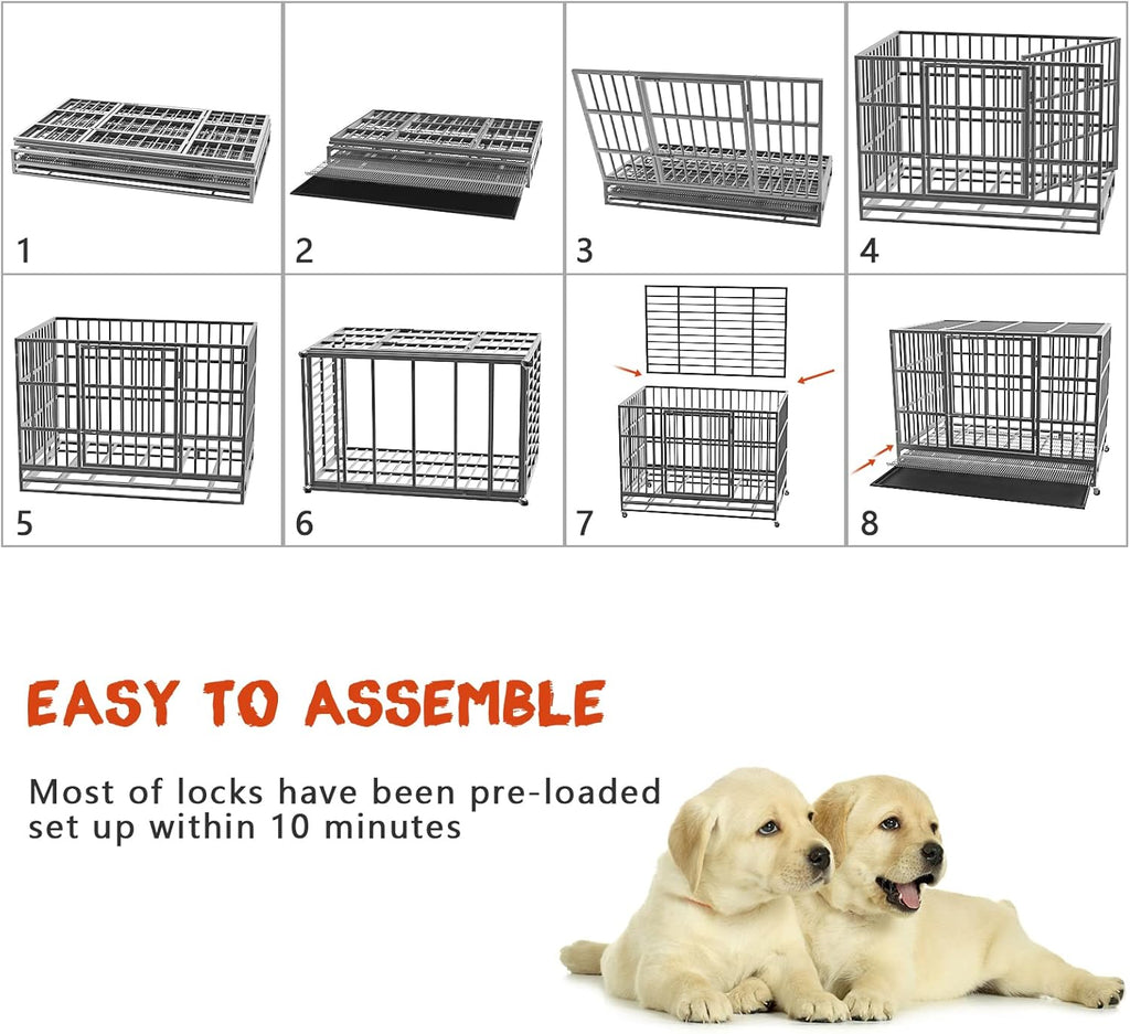 LEMBERI 48/38 inch Heavy Duty Indestructible Dog Crate, Escape Proof Dog Cage Kennel with Lockable Wheels,High Anxiety Double Door Dog Crate,Extra Large Crate Indoor for Large Dog with Removable Tray