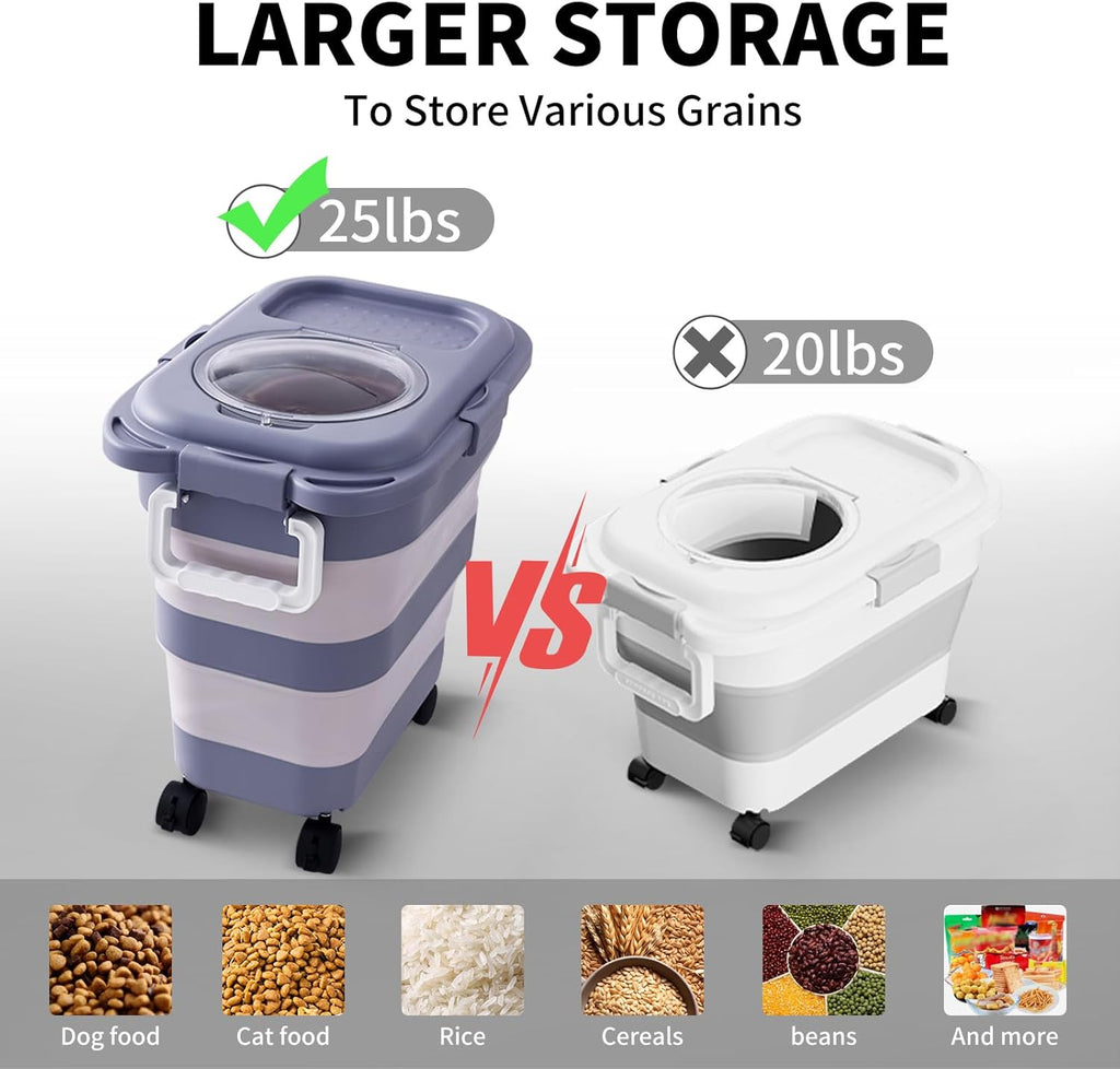 25 Lbs Dog Food Storage Container 2PCS, Collapsible Dog Food Container with Scoop for Pet/Dog/Cat/Bird Food,Keep Dry Food Fresh,Easy to Move(Blue & Khaki)
