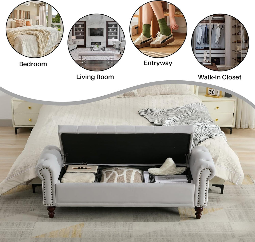 Storage Bench Upholstered Velvet End of Bedroom Bed Bench Ottoman with Tufted Cushioned Rolled Arm Large Storage Space for Reading Living Room Entryway, Light Grey