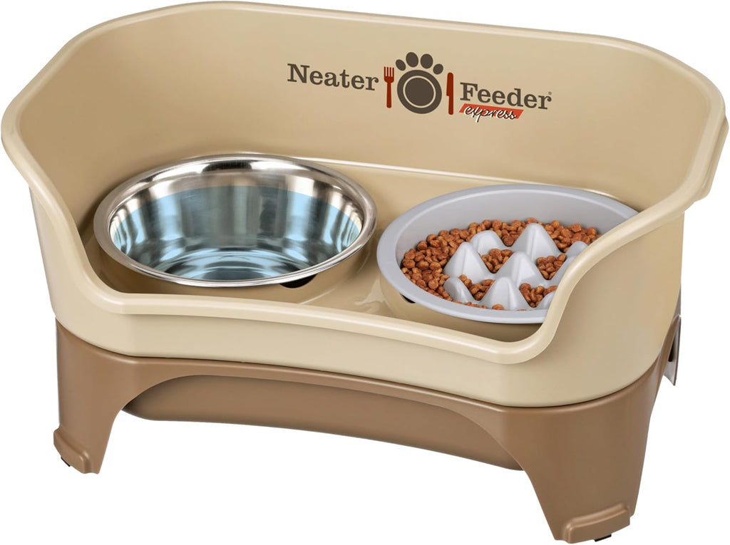 Neater Feeder Express Mess Proof Dog Bowls Elevated for Medium and Large Breed – Made in USA – No Spill Raised Slow Feeder Elevated Dog Bowl Stand, Slow Feed Food and Water Bowl Set, Cappuccino