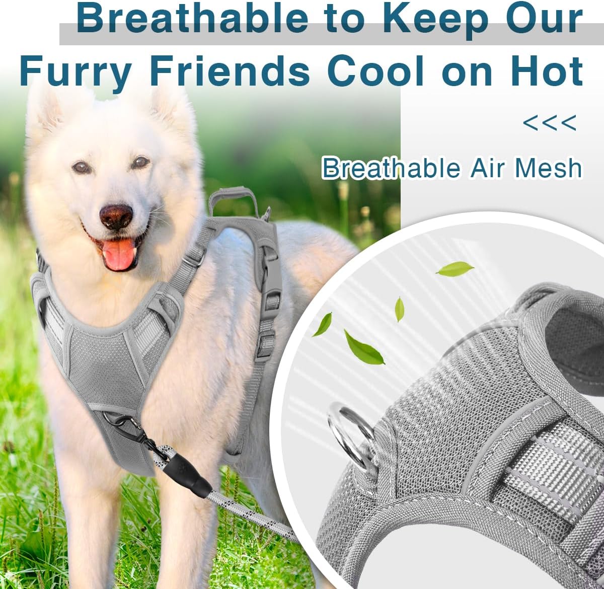 BARKBAY Dog Harness No Pull with ID Tag Pocket - Heavy Duty, Reflective, Easy Control for Large Dogs(Grey,L)