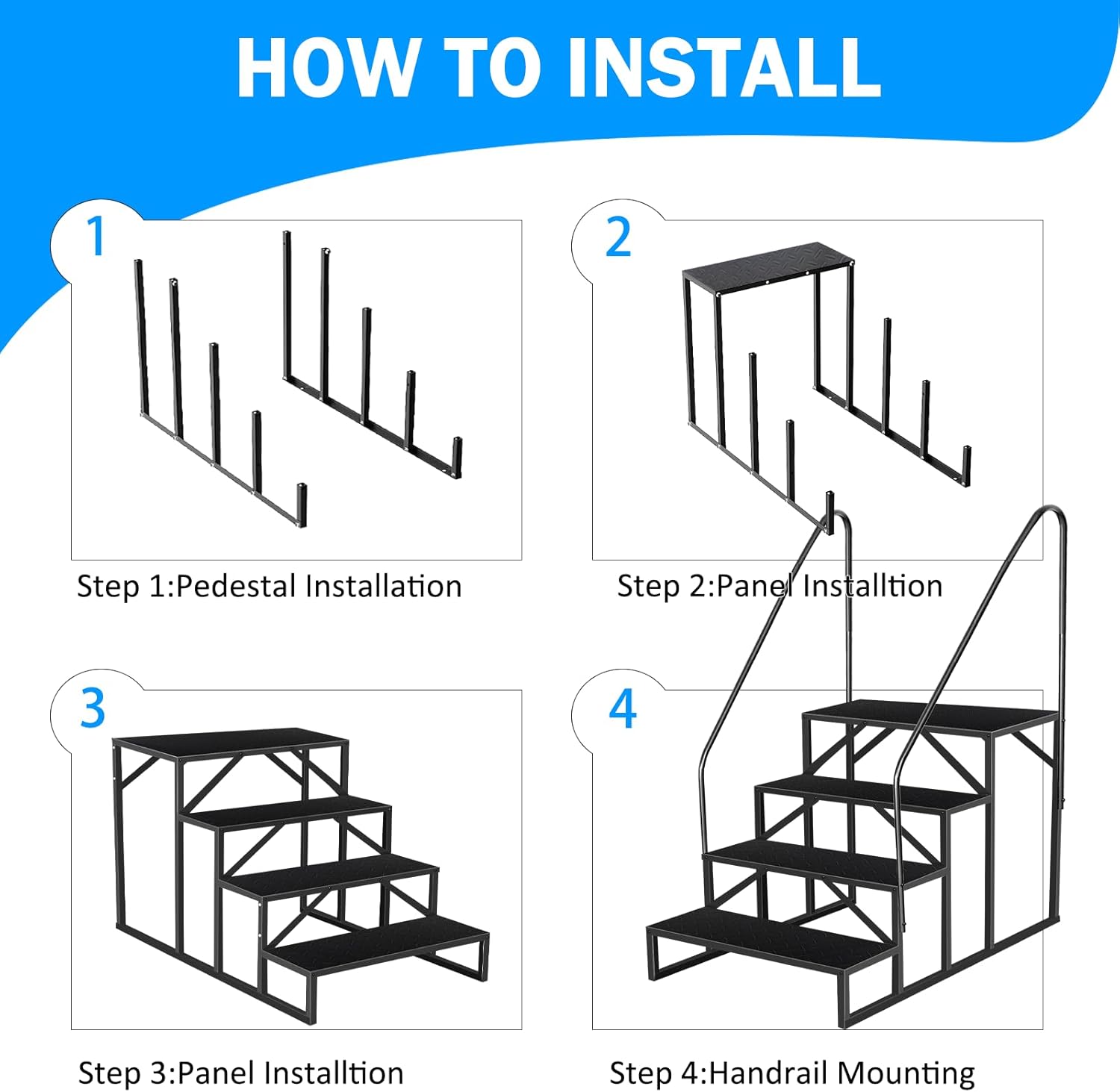 RV Step Stool, 4 Step Ladder, Hot Tub Steps with Handrail, Portable Pool Ladder, 660Lbs Heavy Duty Ladder Shelf Outdoor Mobile Home Stairs for Camper/Porch/SPA Pool/Pet Stairs(2 handrails)