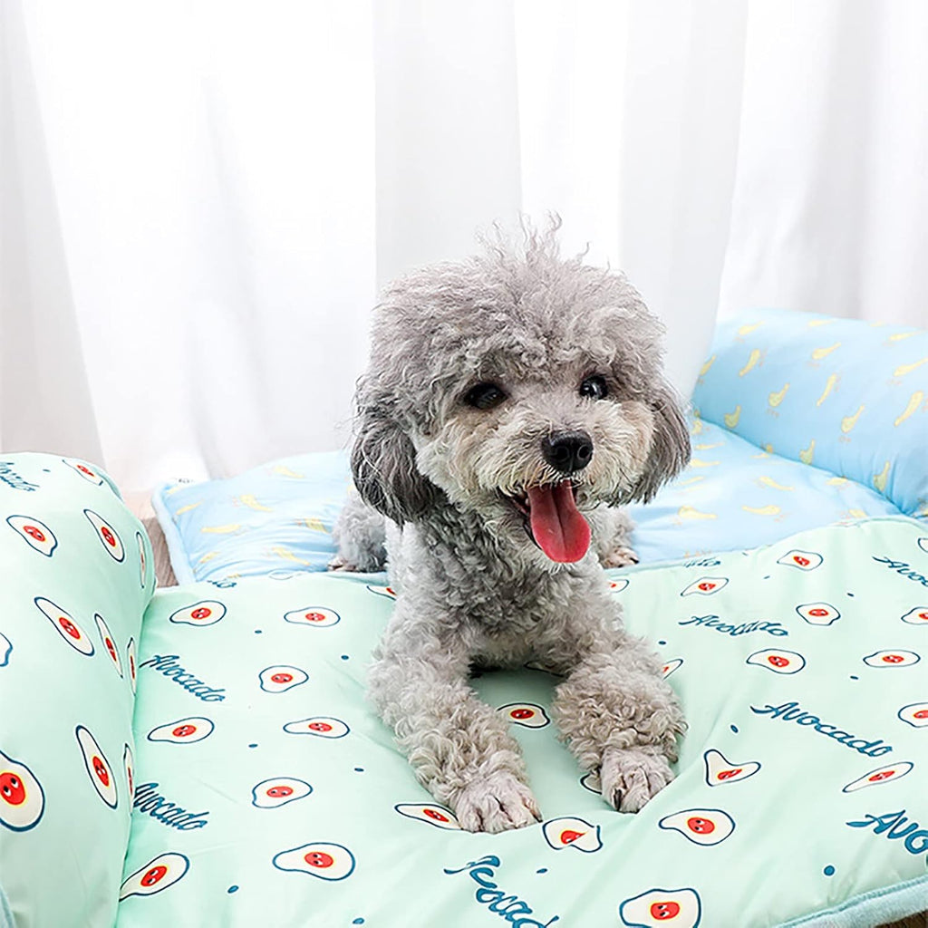 PUMYPOREITY Cooling Dog Bed, Pet Cooling Mat with Pillow, Ice Silk Cooling Dog Blanket, Self Cooling Pad for Cat,Dog, Washable Summer Pet Mat for Kennel, Crates, Sofa, Floor, Blue, L